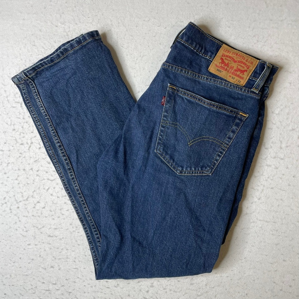 Levi's 505 Regular Fit Jeans Mens W32 L32 Blue Denim Straight Leg Waterless